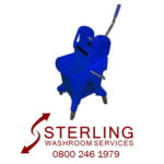 Sterling Washroom Services logo with phone number and blue 25-litre mop bucket with wringer