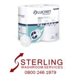 Toilet Paper with a difference! Sterling Washroom Services logo with phone number and pack of Lucart Aquastream toilet rolls