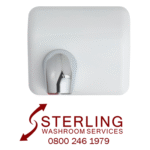 Sterling Washroom Services logo with phone number and white wall-mounted hand dryer with chrome nozzle