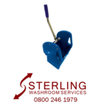 Gear Press Wringer Sterling Washroom Services logo with phone number and blue mop wringer for 25 litre bucket