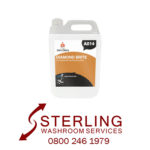 Diamond Brite Sterling Washroom Services logo with phone number and white Selden Diamond Brite cleaner container