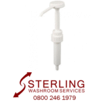 Pelican pump Sterling Washroom Services logo with phone number and white pelican pump for 5 litre container