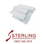 Swing Bin liners Sterling Washroom Services logo with phone number and folded white swing bin liners