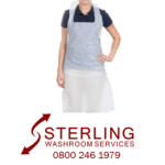 Disposable aprons - carton Sterling Washroom Services logo with phone number and person wearing white disposable plastic apron