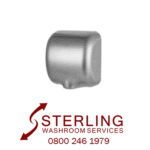 Sterling Washroom Services logo with phone number and silver stainless steel hand dryer