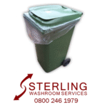 Clear Wheelie Bin liners Sterling Washroom Services logo with phone number and green wheelie bin with clear liner bag
