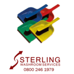 Sterling Washroom Services logo with phone number and blue, red, green and yellow dustpan and brush sets