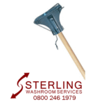 Sterling Washroom Services logo with phone number and Kentucky wooden mop head on wooden handle