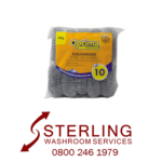 Metal Scourers Sterling Washroom Services logo with phone number and pack of Optima galvanised steel scourers