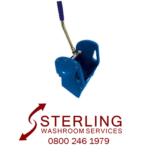Mop Press for MC systems Sterling Washroom Services logo with phone number and blue mop press with handle