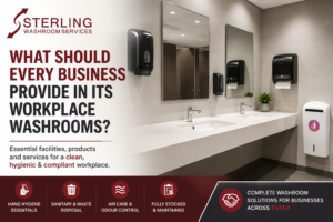 Modern commercial workplace washroom featuring hand hygiene dispensers, sanitary waste facilities and clean restroom amenities, illustrating what every business should provide in its workplace washrooms. Sterling Washroom Services, Essex.